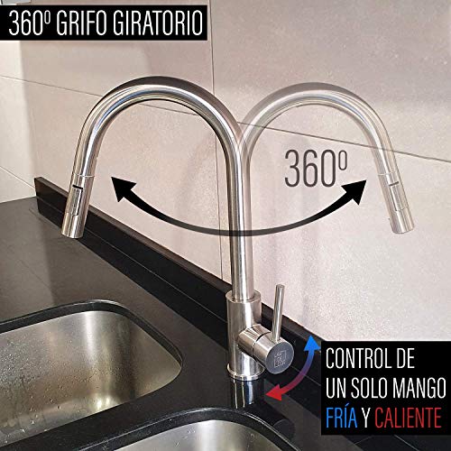 LARDECOR-Grifo-Cocina-Extraible-Acero-Inoxidable-Cano-Giratorio-360-Monomando-Diferentes-Modos-de-Rociado-Fregadero-sin-Plomo-Menor-Consumo-Mangueras-Internas-Flexibles-Haifoss-SILVER