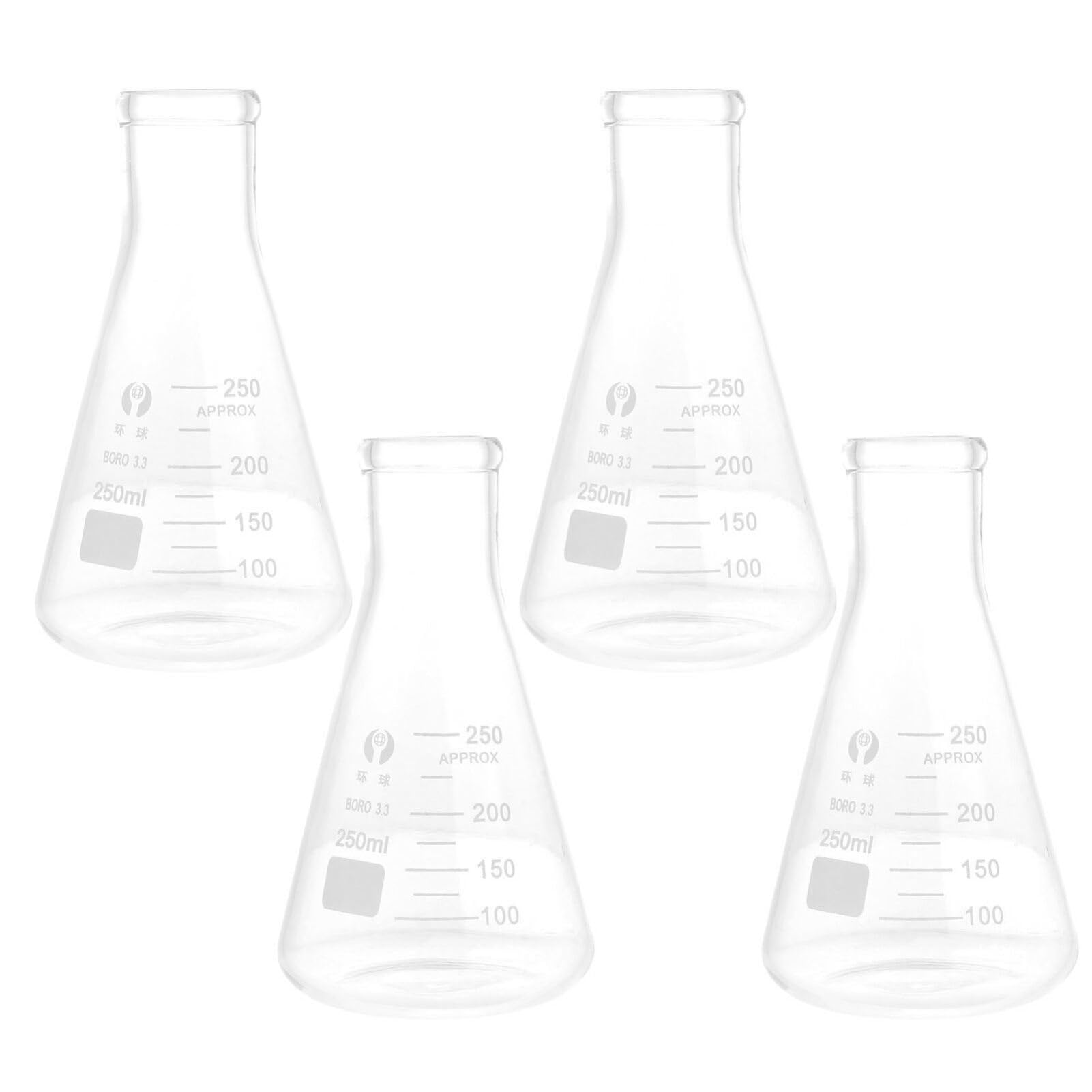 Hemobllo Glass Erlenmeyer Flask Set - 4 Pcs 250ml Glass Conical Flask Narrow Mouth Graduated Thickened Borosilicate Erlenmeyer Flask for Laboratory Experiment Scientific Chemistry