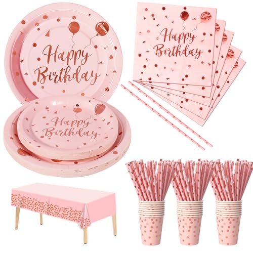 Nkaiso Aniversários louça de festa 121 peças rosa e rosa dourado conjunto de louça de papel para pratos copos e guardanapos artigos de decoração para festas - 24 convidados