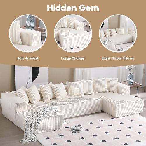 Image of 130 inch Modular Sectional Couch, Comfy Corduroy Couch Sectional Sofa with Double Chaise Lounge, Free Combination U Shaped Sectionl Sofa with Memory Foam, Luxury Couches for Living Room, Beige