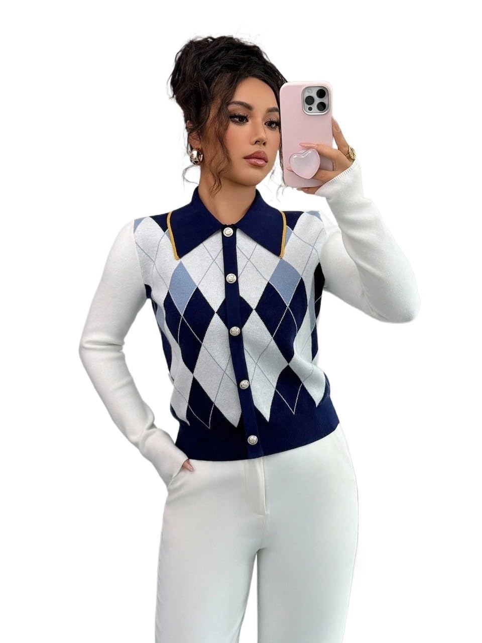 Womens Sweaters 2025 Knit Elegant Collar Faux Placket Long Sleeve Knit Sweater