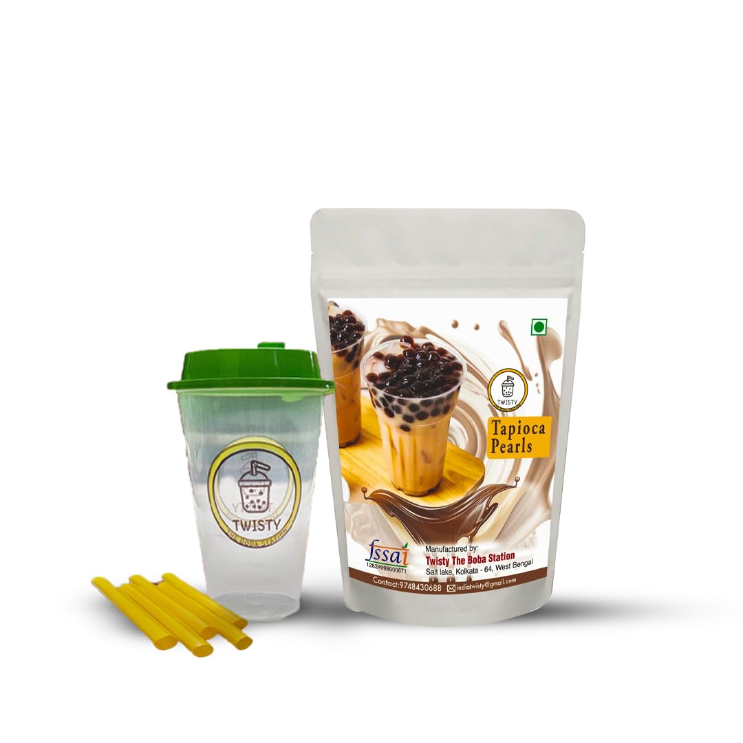 Twisty The Boba Station® Tapioca Pearls Combo Kit | Boba Sipper Cup I Brown Sugar I 5 Straws (12 mm) | Popping Pearls For Boba Tea, Curd, Cold Coffee And More | (250 grams)