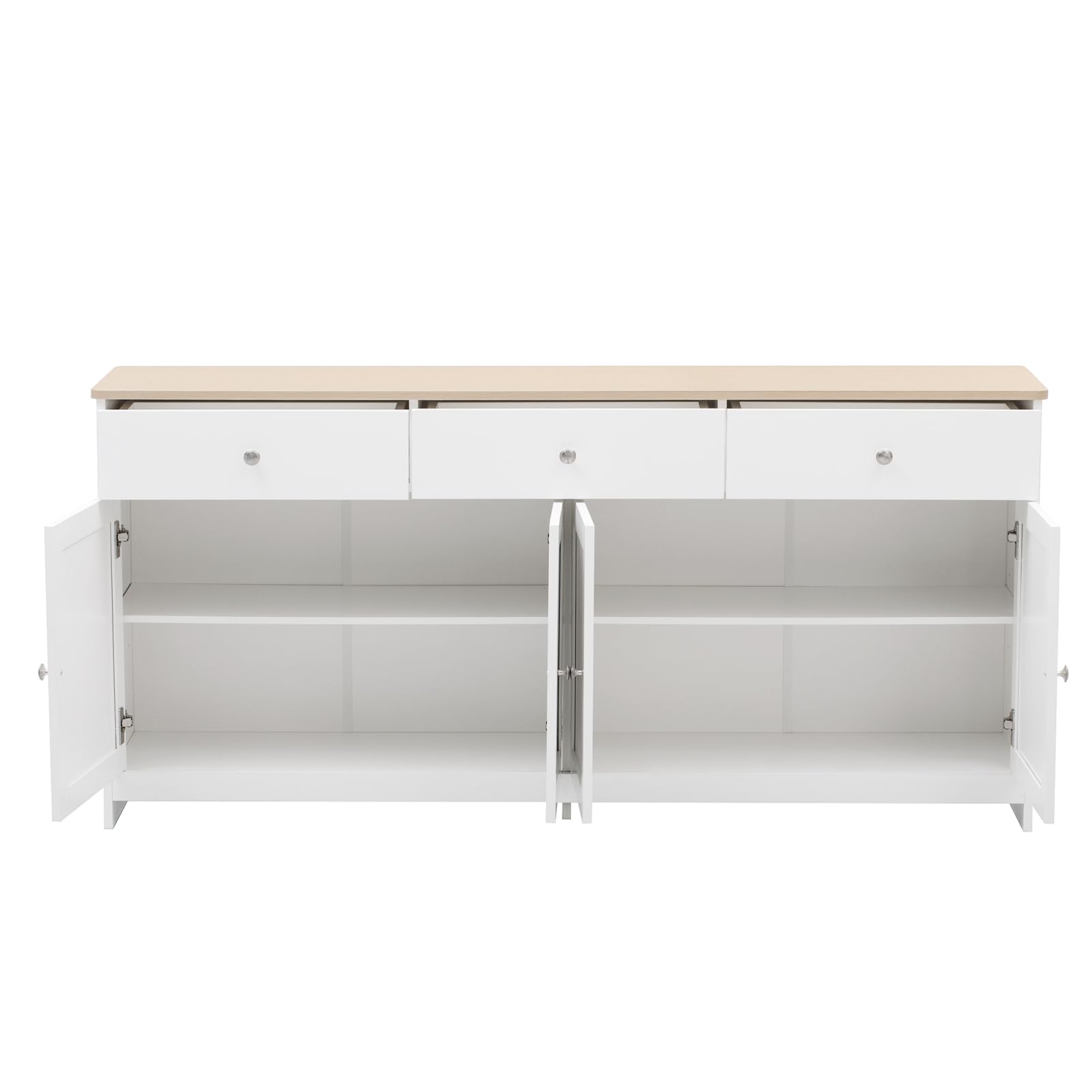 Credenza Cucina 160 cm Madia Soggiorno Moderna con 3 Cassetti e 4 Ante, Buffet Mobile con Ripiani Regolabili e Rimovibili per Cucina, Soggiorno, Ingresso, 160 x 37 x 75 cm, Bianco e Legno