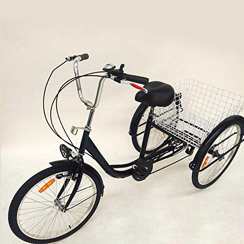 Triciclo para adultos de 24 pulgadas, 6 marchas, triciclo para adultos, 3 ruedas, con base, para madres, mujeres, ancianos (negro)