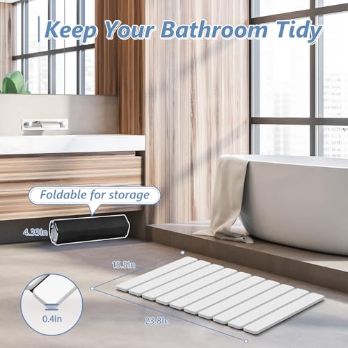 Image of AWW Foldable Stone Bath Mat, Diatomaceous, 23.6 inchx15.5 inch, White | Quick-dry surface, super absorbent design, easy-clean finish, non-slip mat included, and compact storage for small bathrooms
