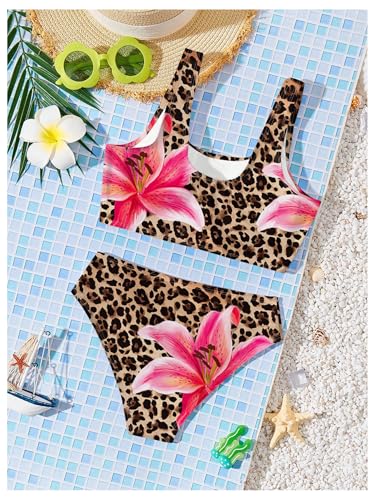 Girl's 2 Piece Bathing Suit High Waisted Floral Cheetah Swimsuit Wireless Retro Bikini Beachwear2