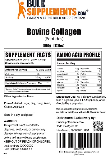 Bulksupplements.com Collagen Peptides Powder - Hydrolyzed Collagen Powder - Collagen Supplement - Powdered Collagen - Bovine Collagen - 11G Of Hydrolyzed Collagen Per Serving (500 Grams - 1.1 Lbs) #TOP1