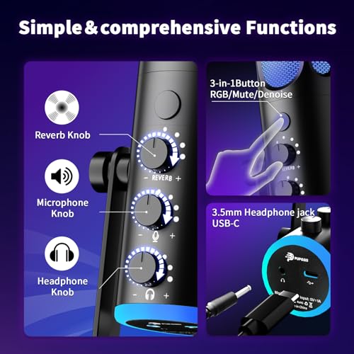 Gaming Microphone, USB Condenser Mic for PC, PS4/5 and Mac, Noise Cancellation Computer Mic with Mute, Reverb, Monitoring, Adjustable Boom Arm, Pop Filter for Streaming/Podcasting/Recording/YouTube