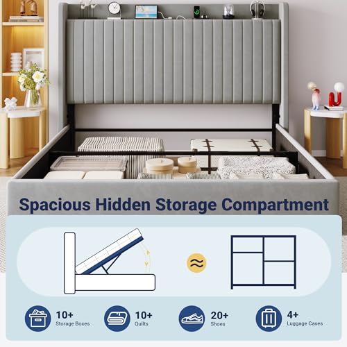 Image of Allewie King Size Lift Up Storage Bed Frame,Storage Shelf Headboard with Charging Station,Type-C and USB Ports,Hydraulic Support,Velvet Upholstered Bed Frame,No Box Spring Needed,Grey