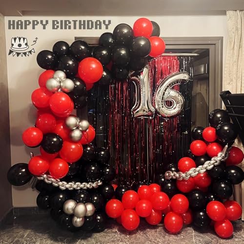 Image of Black Red Balloons, 12 Inch Black Red White and Silver Latex Balloons with Confetti Balloon Party Decoration for Cartoon Birthday Race Car Game Theme Graduation Halloween Party Supplies