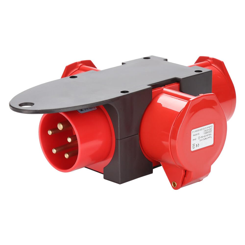 Wtyczka CEE, adapter rozdzielacz prądu 3 x CEE 400 V/16 A, 5-biegunowy, gniazdo CEE IP44, zabezpieczenie przed wodą rozbryzgową, z pokrywą zabezpieczającą, gniazdo Cee na plac budowy