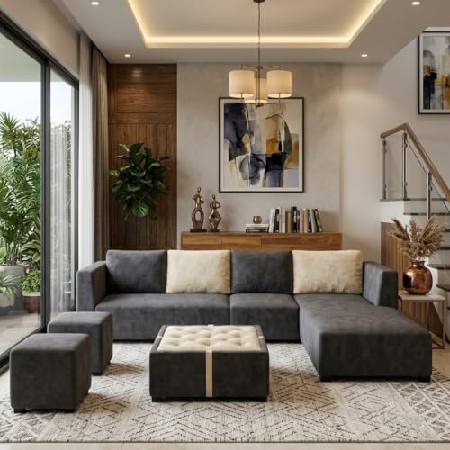 Image of FURNY Olympus 8 Seater RHS L Shape Sofa Set | Plush Velvet Suede Fabric | Modern Design | Soft Comfort Dual Color Cushions for Living Room, Office & Hotels (Dark Grey-Cream)