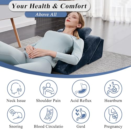 Axelrod Bed Wedge Pillow Set Foam | Adjustable Pillows for Back, Leg and Knee Pain Relief | Post Surgery Ortho Pillow – Anti Snoring, Heartburn, Acid Reflux & GRED Indigo