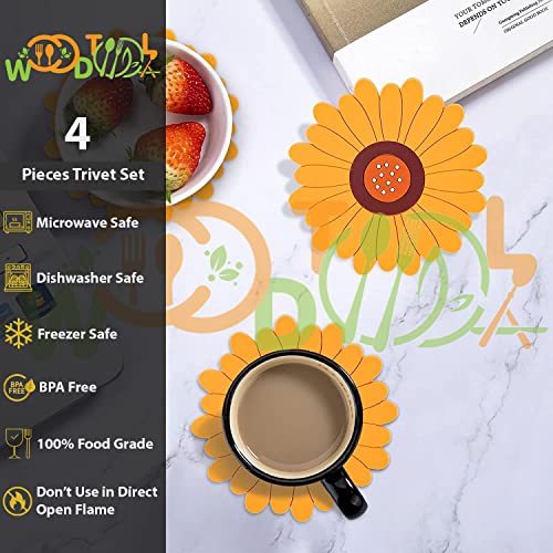 Image of Silicone Trivet Mat - Sunflower Hot Pot Holder Pads - Coasters for Kitchen - Placemat for Hot Dishes - Hot Pads for Table (Set of 4, Meduim, Yellow)