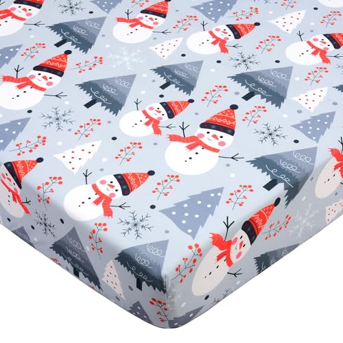Image of JISEN Christmas Crib Sheet Snowman Fitted Crib Sheet for Boys Girls Crib Mattress Cover Baby Sheet for Standard Crib and Toddler Mattress Soft Breathable Baby Bed Sheet for Neutral 52x28 Inch Grey