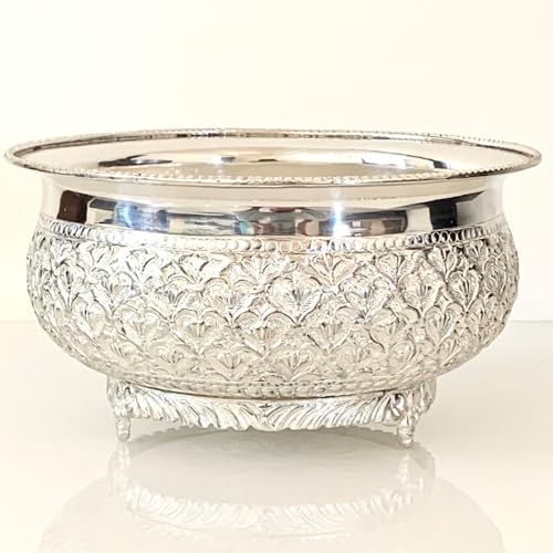 Image of Decorative Brass Chitai 8 inches German Silver Urli Center Table Flower Bowl | Urali for Mandap, Haldi, Mehendi, Wedding, Reception Decor | Large Size 1500ml