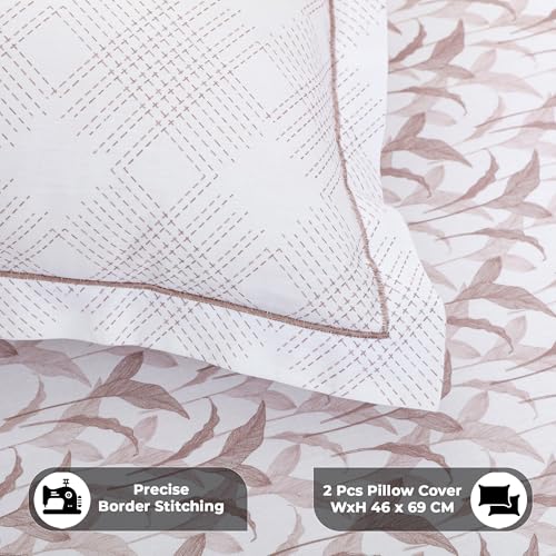 Image of Story@Home Luxe 400 TC Sateen Weave 100% Cotton Bedsheet King 108 x 108 Inches Leaf Printed Soft Flat Sheet with 2 Pillow Covers 18 x 27 Inch -White & Light Burgundy-Gift Packaging