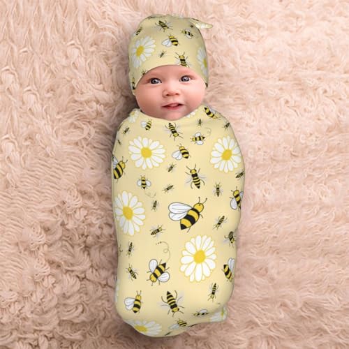 Image of Lcokin Cute Bee Baby Stuff Swaddle Blanket with Beanie Hat for Boys and Girls, Newborn Receiving Blanket Shower Gift