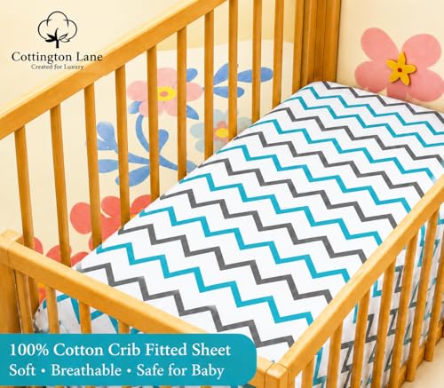 Image of Cottington Lane 100% Cotton Crib Fitted Sheet for Baby - Zig Zag Blue Print | Soft & Breathable Cradle /Cot Bedsheet with Elastic Fit | 52 x 28 x 6 Inches