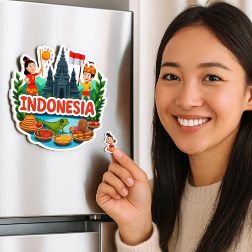 Image of Naxon Indonesia Country Theme Souvenir Wooden Refrigerator Stylish Fridge Magnet - Fridge Decoration Magnet for Kitchen & Home Decor | Perfect Souvenir Gift | Size 3x3 Inches | Pack of 1