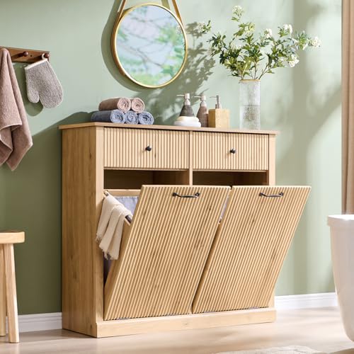 Image of IFBUY Double Tilt Out Laundry Hamper Cabinet, Modern Trash Cabinet, Natural