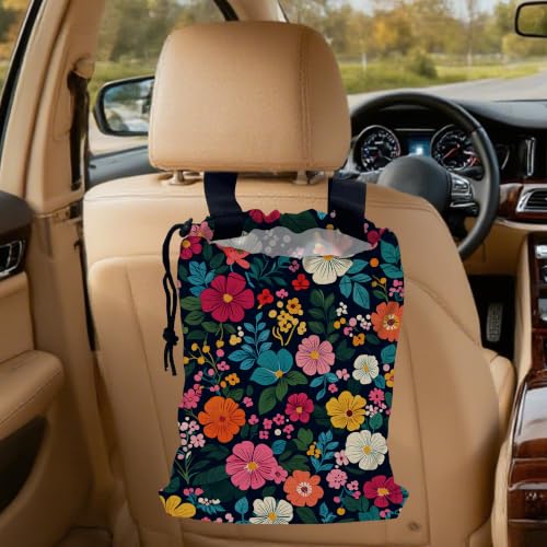 Bright Colorful Floral Car Trash Bag, Hanging Drawstring Car Garbage Bag,Canvas Car Back Seat Organizer with Adjustable Buckle for Men and Women