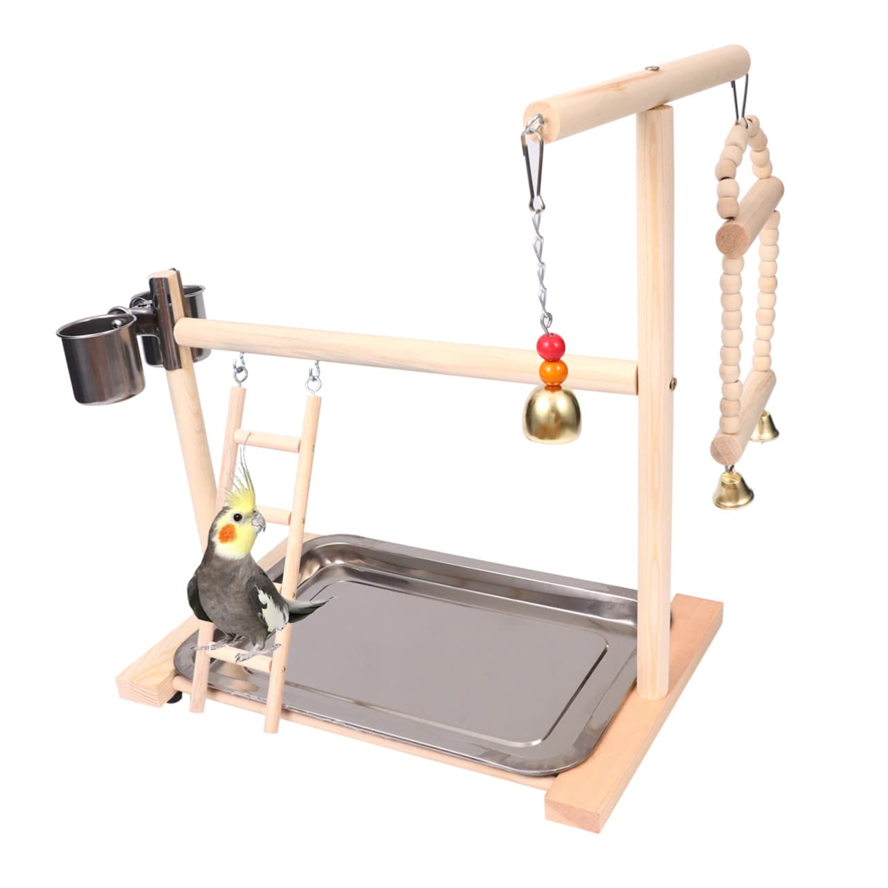 Angoily Altalena per Pappagalli in Legno Ciotola Inox e Campanello | Gioco da Gabbia e Giardino, Supporto Stabile da Tavolo, Colori Assortiti per Uccelli e Accessori Pappagalli Colore Casuale