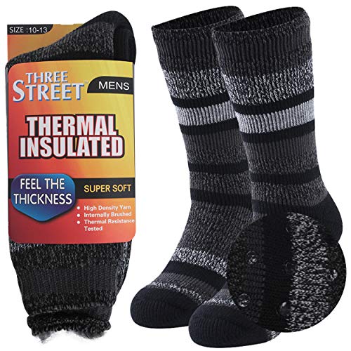 Anti Skid Thermal Warm Socks, Three street Men Wool Pile Lined Insulated Thermals Non Slip Grip Socks Thick Boots Heat Socks for Cold Weather Hiking Trekking Skiing Outdoor Slipper Socks Grey 1 Pair