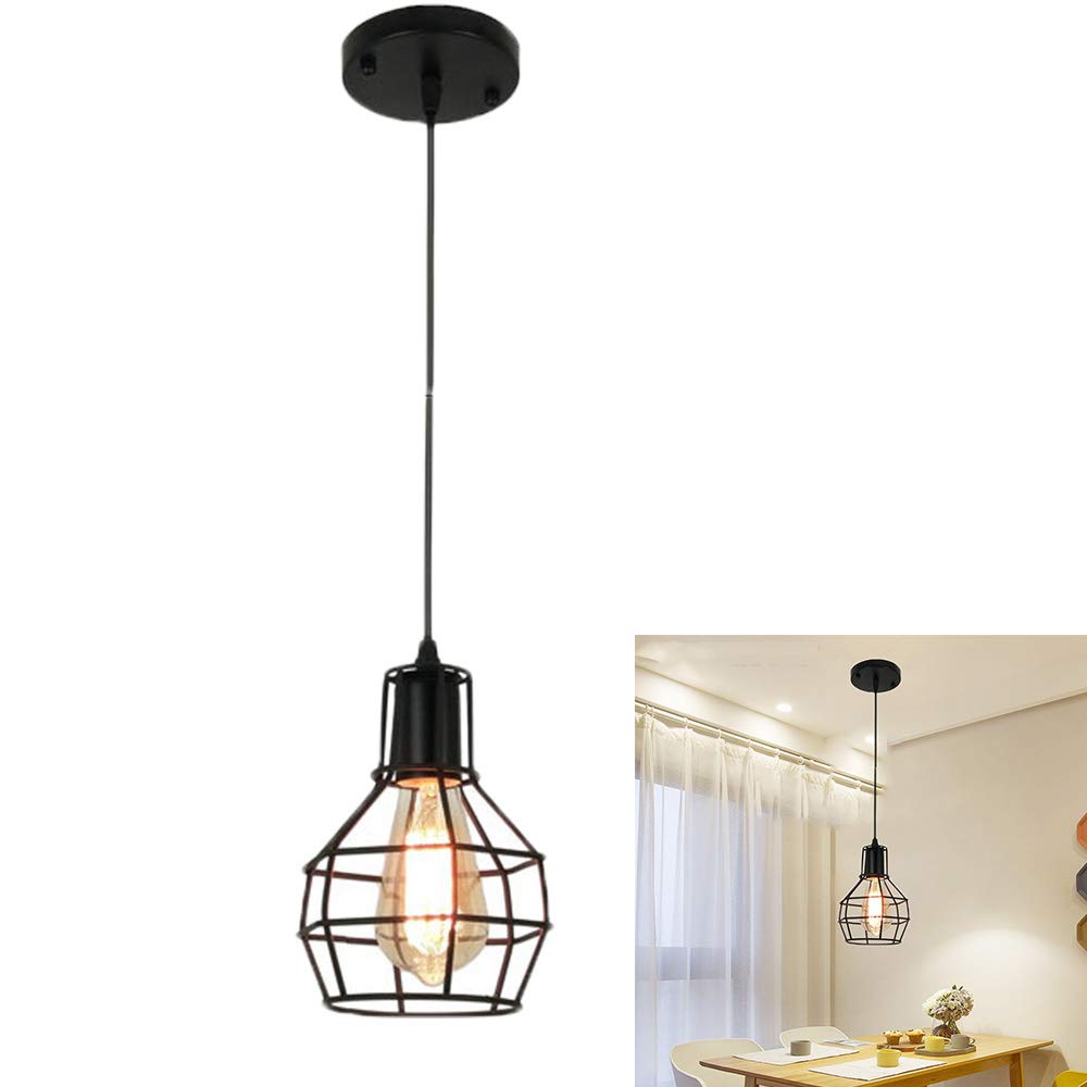 Chaozan Black Industrial Pendant Lighting Metal Caged, E27 Rustic Hanging Light Fixture Bulb Covers Antique Pendant Light Cage Lampshade For Kitchen Dining Room Bedroom Living Room Restaurant,