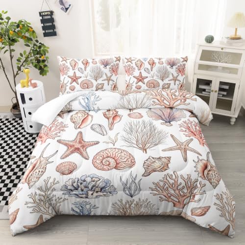 Image of AILONEN Blush Seashell Full Comforter Set, Vintage Coral Starfish Bedroom Ensemble, 3 Piece Microfiber Down Alternative Fill for Adults Apartment Residents