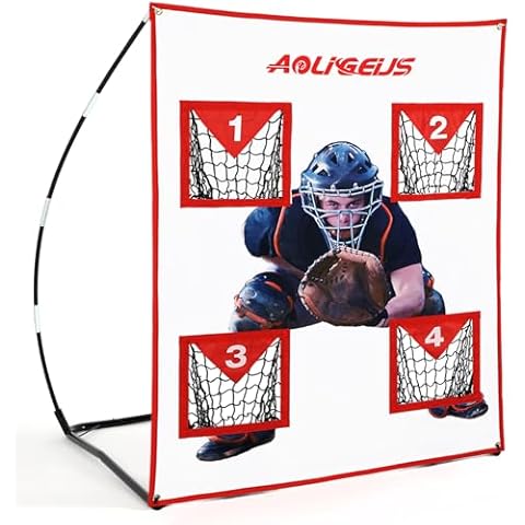 AOLIGEIJS Baseball & Softball Pitching Net,4 Pocket Baseball and Softball Pitching Strike Zone Target Net, with Realistic Catcher for Accuracy Training Cover