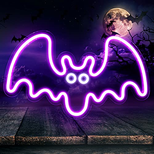 Image of Halloween Neon Sign - Purple Bat LED Neon Sign with Dimmer 15.7x9.4 Inch, USB Powered Halloween Vampire Neon Lights for Wall Decor, Bedroom, Party, Room, Holiday, Kids Gift