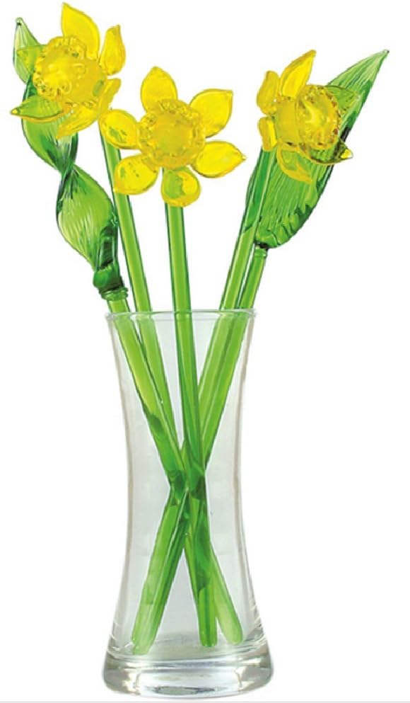 Daffodils Hand Blown Glass Flower Set - Includes Vase and Leaves with Red Ladybug