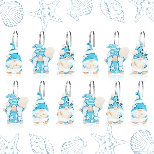 Piuaeue 12 PCS Summer Blue Gnome Shower Curtain Hooks Star