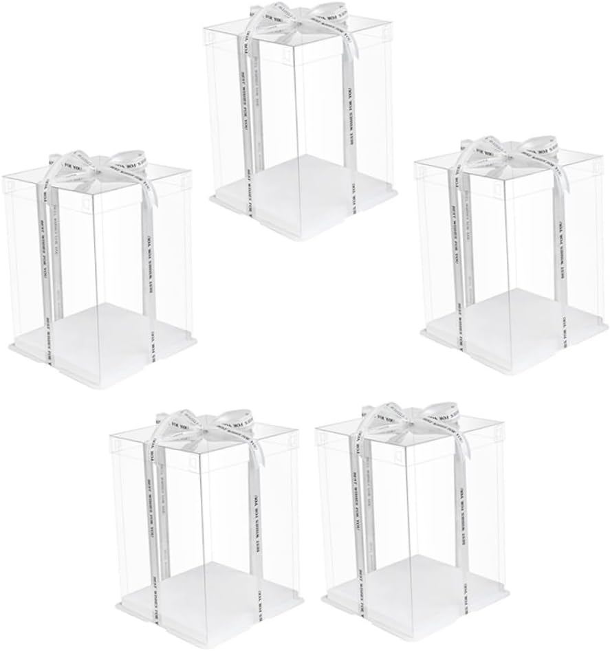 Veemoon 8-inch Birthday Cake Box 5pcs, Tall Double-layer Food Packaging Container with Ribbon, Portable Cake Carrier for Party Packaging