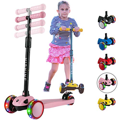 Hishine Kick Scooter for Kids with 3 Light up Wheels and Adjustable Height for 2-7 Years Old Ages Girls Boys Toddlers & Children,Lean to Steer, 3 Wheel Scooters (SC8-Pink)