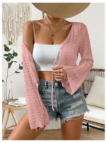 Image of SHENHE Women's Tie Front Cardigan Trumpet Sleeve Pointelle Knit Crop Tops