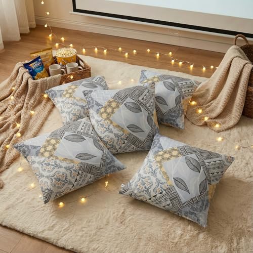 Image of Clasiko 16x16 Cushion Covers - Set of 5 Soft Cotton-Feel Decorative Pillow Covers | Modern Patchwork, Flap Closure, Perfect for Sofa & Living Room