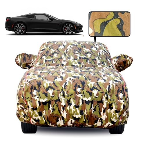 Image of Waterproof Car Body Cover for Chevrolet Sports with Mirror Pocket, Soft Cotton Lining, Triple Stitched, Full Bottom Elastic (Heat Resistant Jungle Print with Red Piping)