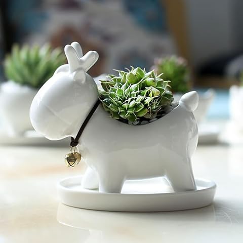 BYVUTE Ceramic Reindeer Succulent Pots, Cute Funny Deer Planter, Creative Plant Pots for Plants, Succulents, Flowers, Cactus, for Indoors Outdoor Office Home Garden Kitchen Decor Cover