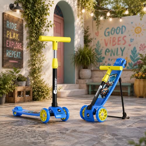 Image of Konex Kick Scooter for Kids (2+ Years) | 3 Broad Rubber Wheels for Smooth Ride | 4-Level Height Adjustable Handle | Foldable & Portable with Back Brake | Holds Up to 40 kg (Blue-Yellow)