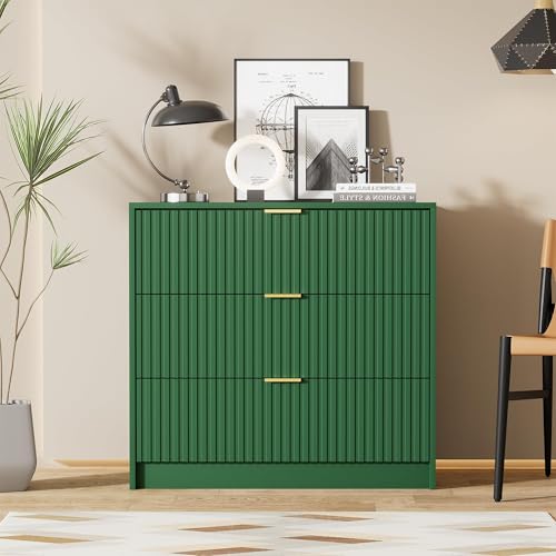 Image of Furniway Green Dresser Bedroom Set 3 Pieces, Nightstands Sets of 2, 5 Drawer Dresser with Gold Handles for Bedroom