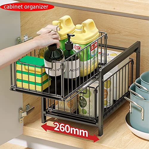 Wuudi 2 Tier Sliding Baskets Cupboard Organiser, Kitchen Cupboard Cabinet Organizer Basket, Pull-Out Mesh Baskets Drawer, Under Sink Extendable Steel Drawers - Image 4