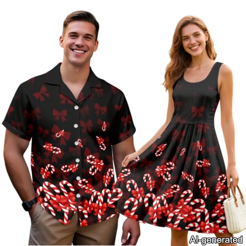 Image of Dreaweet Summer Dresses for Women A-Line Sleeveless Flowy Sun Dresses,Men's Casual Button-Down Shirts,Couple Matching Outfits
