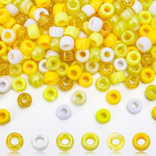 AUREHEN 1000PCs 6x9mm Pony Beads Bulk Assorted Yellow Colors Plastic Kandi Craft Beads for Jewelry Making Friendship Bracelets Hair Braiding Keychains Scoubidou Loom Bands DIY Crafts