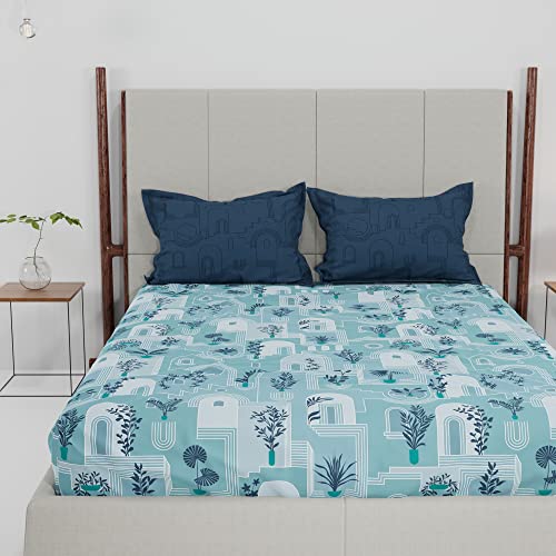 Image of TRIDENT Dusk & Dawn Queen Sheet Set, 100% Cotton Bed Sheets, 3-Piece Set, 1 Bedsheet and 2 Pillowcases, Soft & Smooth 144 Thread Count (Queen) - Abu Dhabi Blue