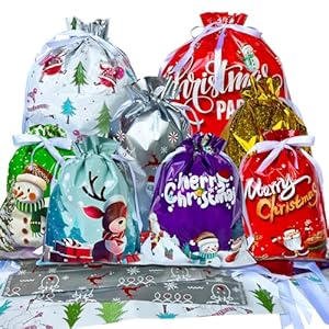 XYHTYBD 38 bolsas de Navidad para regalos, bolsas de regalo de Navidad con cordón y lazos de cinta, sacos de Navidad para regalos de fiesta de Navidad (grande, mediano y pequeño)