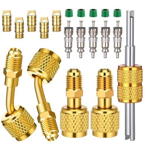 Mudder 20 Pcs R32 R454B A2L Refrigerant Adapter Kit Hvac Connect Fittings 1/4 Inch Female to Male Reverse Thread Fitting with Valve Core Remover for A2L Refrigerant System(Straight+45angle)