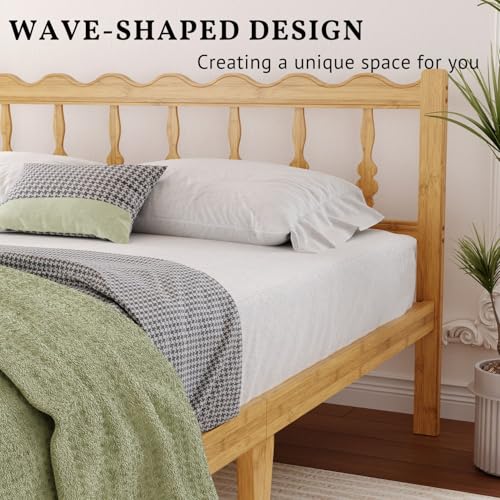 Image of ZIYOO 14 inch Full Bamboo Bed Frame with Wavy Headboard & Footboard | No Box Spring Needed, Easy Assembly Bamboo Platform Bed. Minimalist Japanese style, great for bedrooms, hotels and homestays.