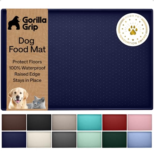 Image of GORILLA GRIP 100% Waterproof Raised Edge BPA Free Silicone Pet Feeding Mat, Dog Cat Food Mats Contain Spills Protects Floors, Placemats for Cats and Dogs Water Bowl, Pets Accessories 32x24 Navy